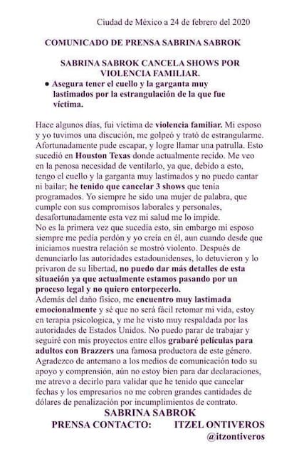 El comunicado completo de Sabrina Sabrok