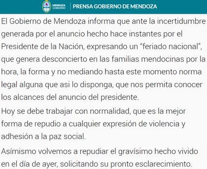 El comunicado completo del Gobierno de Mendoza respecto al feriado de hoy