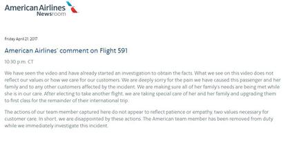 El comunicado completo en la web de Américan Airlines.