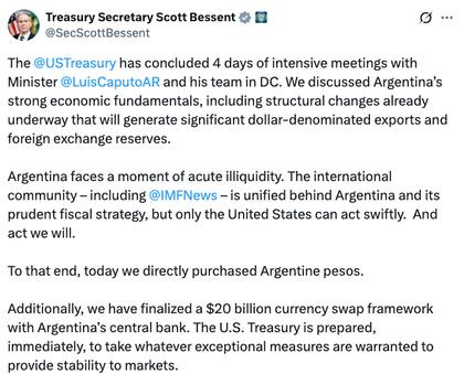 El comunicado completo fue difundido a través de la cuenta oficial del funcionario (Fuente: X, @SecScottBessent)