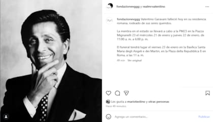 El comunicado con el cual se confirmó la muerte de Valentino Garavani