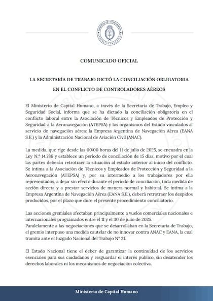 El comunicado con el que el Gobierno anunció la conciliación obligatoria