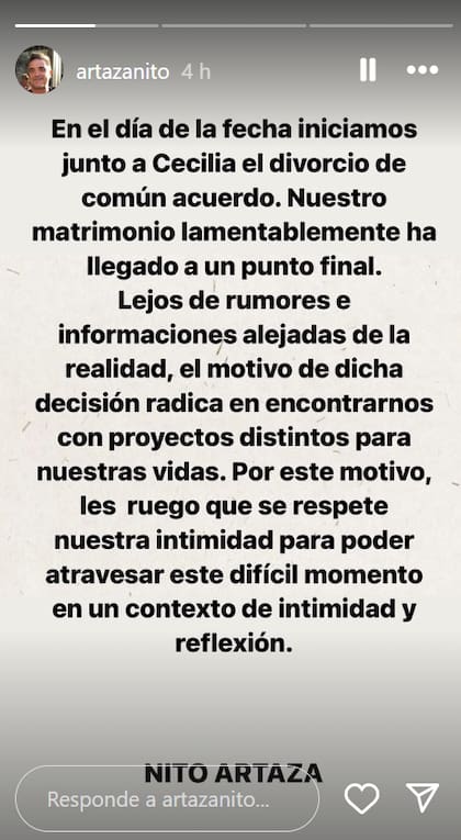 El comunicado con el que Nito Artaza confirmó su divorcio (Foto: Instagram/@artazanito)
