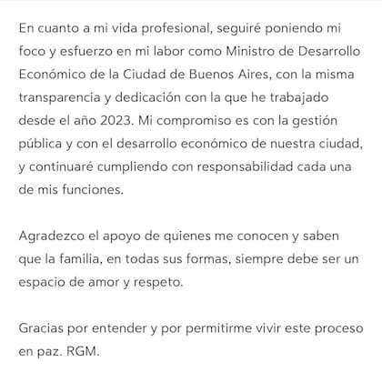 El comunicado con el que Roberto García Moritán confirmó su separación de Pampita (Foto: Instagram @robergmoritan)