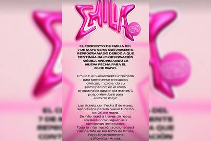 El comunicado dado a conocer por la cuenta oficial de Emilia Mernes sobre la nueva cancelación de un show