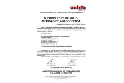 El comunicado dado a conocer por la La Asociación Gremial de Trabajadores del Subte y Premetro (AGTSyP)