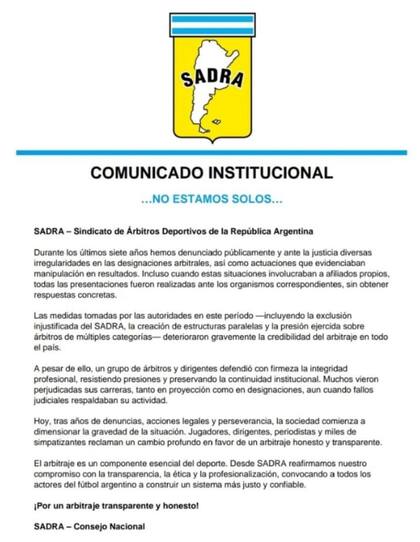 El comunicado de SADRA, uno de los tres gremios que engloba a los árbitros, y sus múltiples reclamos por el sistema irregular de designaciones y presiones