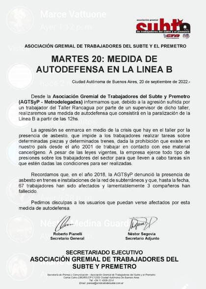 El comunicado de Metrodelegados