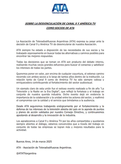 El comunicado de ATA