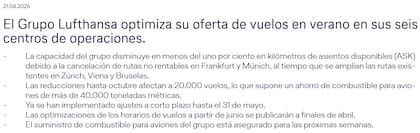 El comunicado de Lufthansa