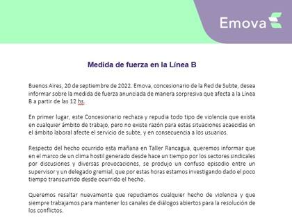 El comunicado de Emova