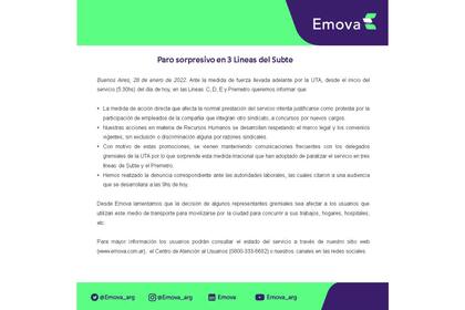 El comunicado de Emova