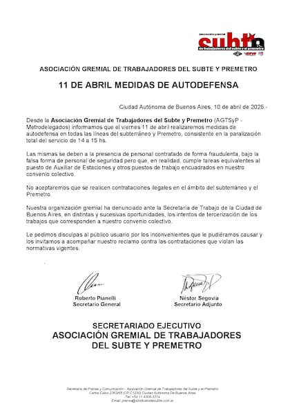 El comunicado de Metrodelegados