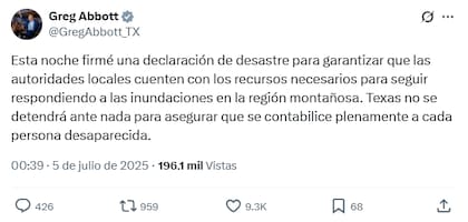 El comunicado de Abbott al segundo día de las inundaciones en Texas