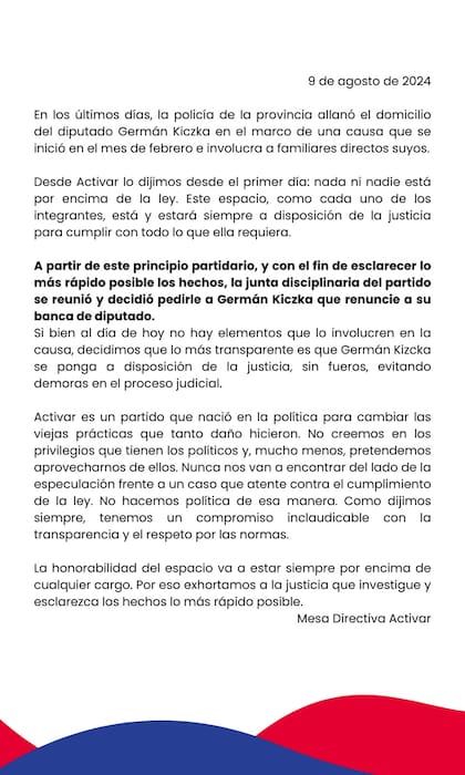 El comunicado de Activar divulgado este viernes. Puerta quiere que Kiczka de un paso al costado.
