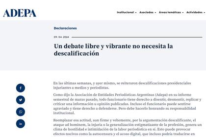 El comunicado de Adepa, publicado este martes en su página web