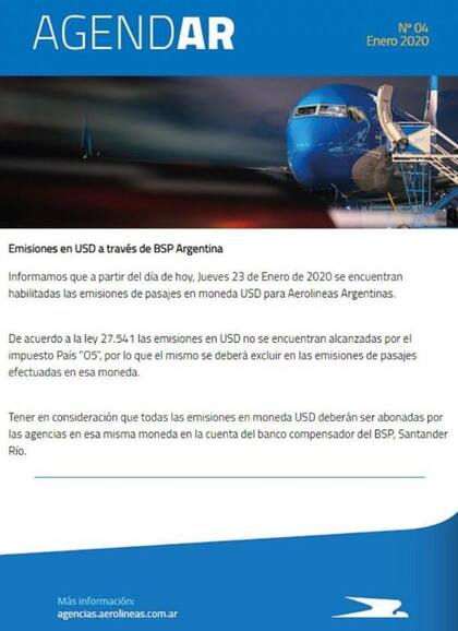 El comunicado de Aerolíneas Argentinas