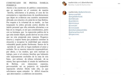 El comunicado de Alberto Ferriols sobre la denuncia en su contra (Foto: Captura Instagram/@noeferriolssandalbertoferriols)
