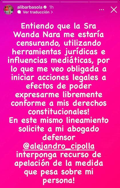 El comunicado de Alicia Barbasola en donde apelará a la demanda de Wanda Nara