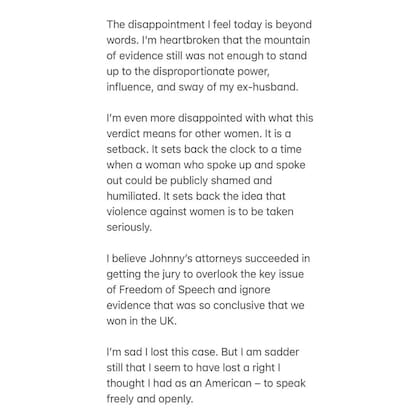El comunicado de Amber Heard luego de conocer el veredicto en el juicio contra Johnny Depp (Crédito: Instagram/@amberheard)