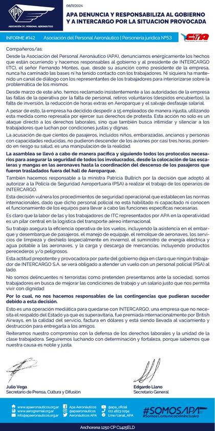 El comunicado de APA por Intercargo