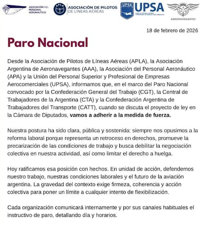 El comunicado de APLA confirmando su adhesión al reclamo