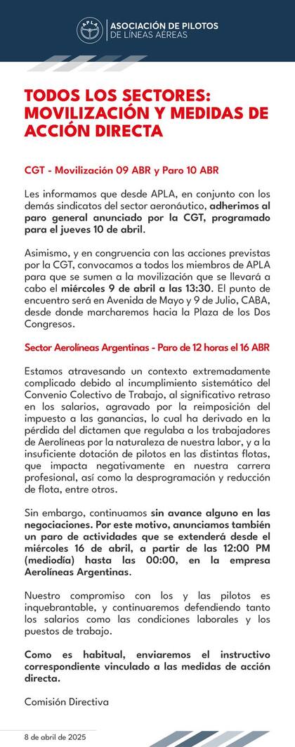 El comunicado de APLA donde detallan su acatamiento al paro general de la CGT del 10 de abril y anuncian una nueva medida de los pilotos de Aerolíneas Argentinas para el 16 de abril