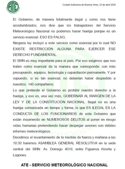 El comunicado de ATE en el que cancela la medida de fuerza