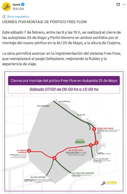 El comunicado de AUSA que anuncia el cierre de las autopistas 25 de Mayo y Perito Moreno (X: @AUSA)