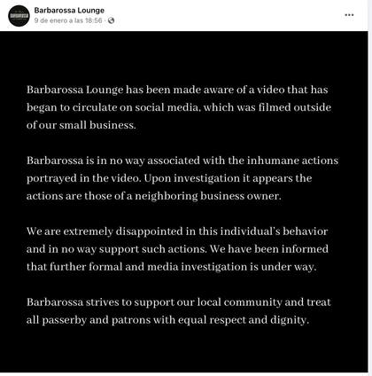 El comunicado de Barbarossa Lounge en Facebook