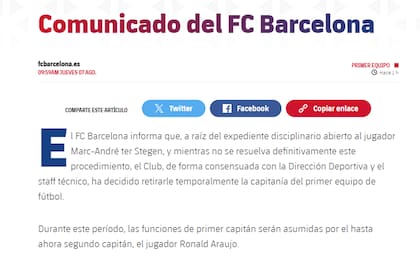 El comunicado de Barcelona sobre Ter Stegen