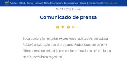 El comunicado de Boca tras los dichos de Pablo Carroza sobre los jugadores colombianos en el último Superclásico