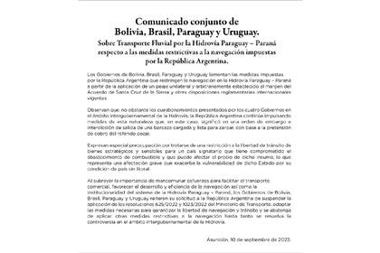El comunicado de Bolivia, Brasil, Paraguay y Uruguay sobre las "medidas restrictivas" a la navegación impuestas por la Argentina