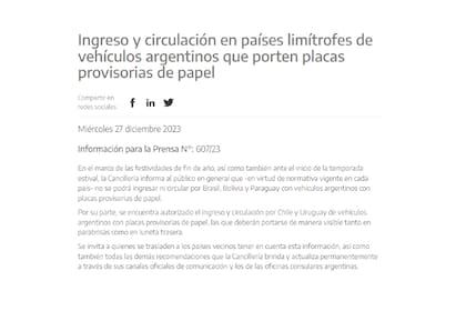 El comunicado de Cancillería sobre el ingreso y circulación en países limítrofes de vehículos argentinos que porten placas provisorias de papel