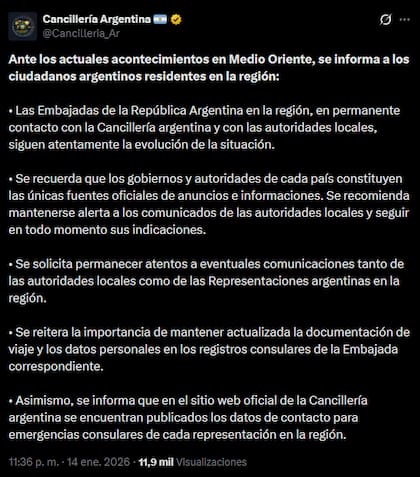 El comunicado de Cancillería, sobre los acontecimientos en Medio Oriente