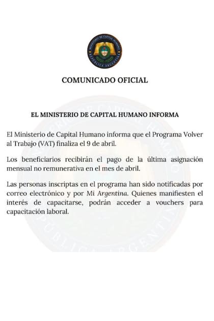 El comunicado de Capital Humano