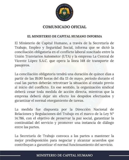 El comunicado de Capital Humano sobre la conciliación obligatoria