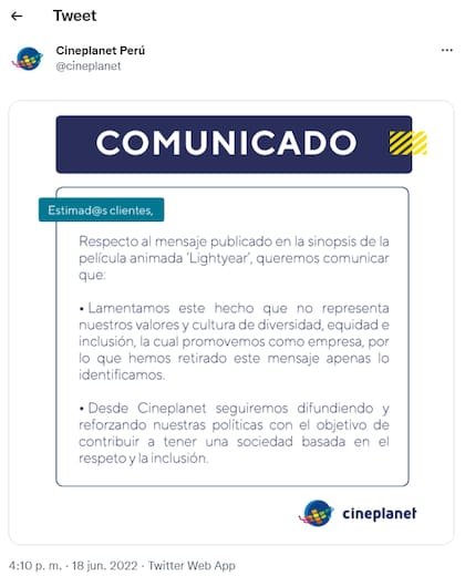 El comunicado de Cineplanet para disculparse con sus clientes por la advertencia en Lightyear que generó polémica entre los usuarios