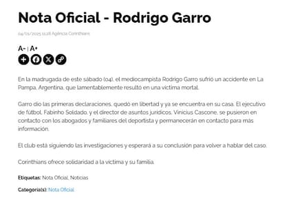 El comunicado de Corinthians sobre el caso Garro