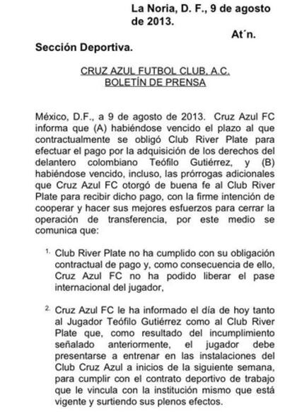 El comunicado de Cruz Azul