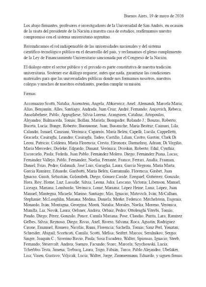 El comunicado de docentes de Udesa para desmarcarse del gobierno por el recorte de fondos a universidades públicas tras la visita de Javier Milei