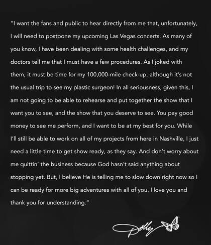 El comunicado de Dolly Parton sobre sus presentaciones en Las Vegas (Fuente: @dollyparton)