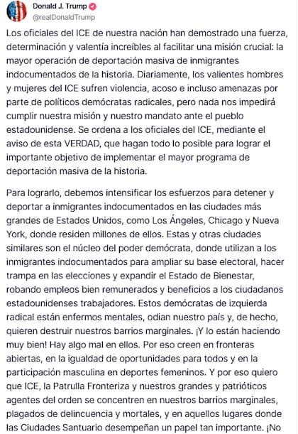 El comunicado de Donald Trump sobre el aumento de detenciones por parte del ICE en Los Ángeles, Chicago y Nueva York