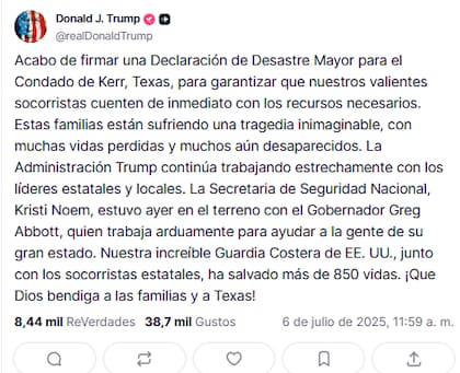 El comunicado de Donald Trump sobre la Declaración de Desastre Mayor en Texas
