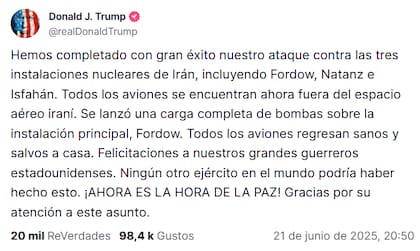 El comunicado de Donald Trump sobre los ataques a Irán