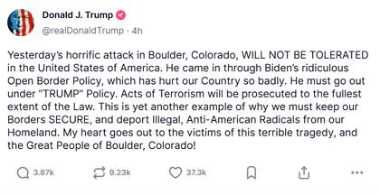 El comunicado de Donald Trump tras el acto terrorista en Colorado que dejó un saldo de ocho heridos