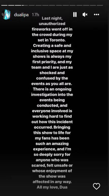 El comunicado de Dua Lipa sobre el incidente en Toronto (Foto: Instagram @dualipa)