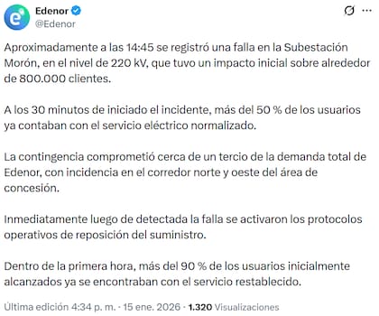 El comunicado de Edenor tras los cortes de luz en CABA y AMBA