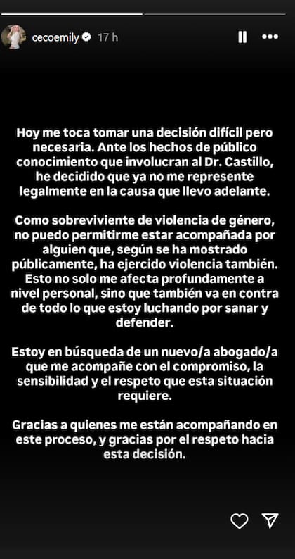 El comunicado de Emily Ceco mediante sus redes sociales (Captura: Instagram @cecoemily)