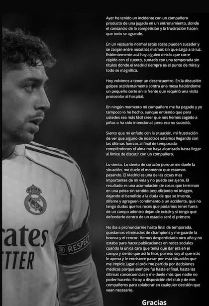 El comunicado de Federico Valverde, publicado en una historia de Instagram